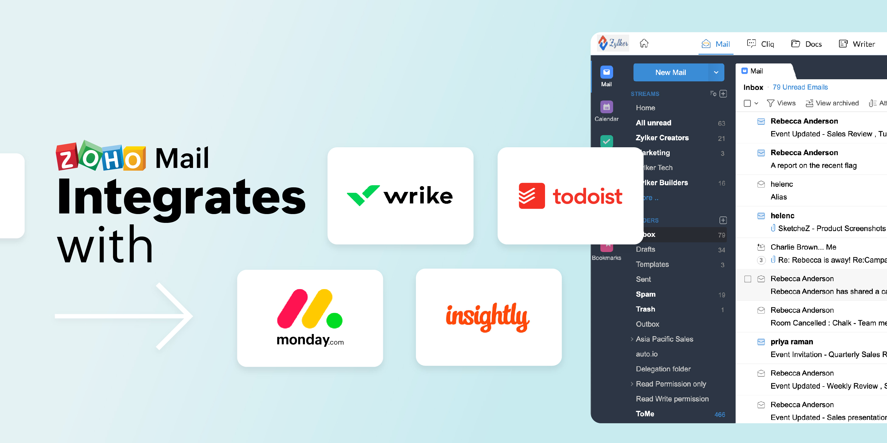 Zoho Mail with Wrike, Todoist, monday.com and Insightly CRM
